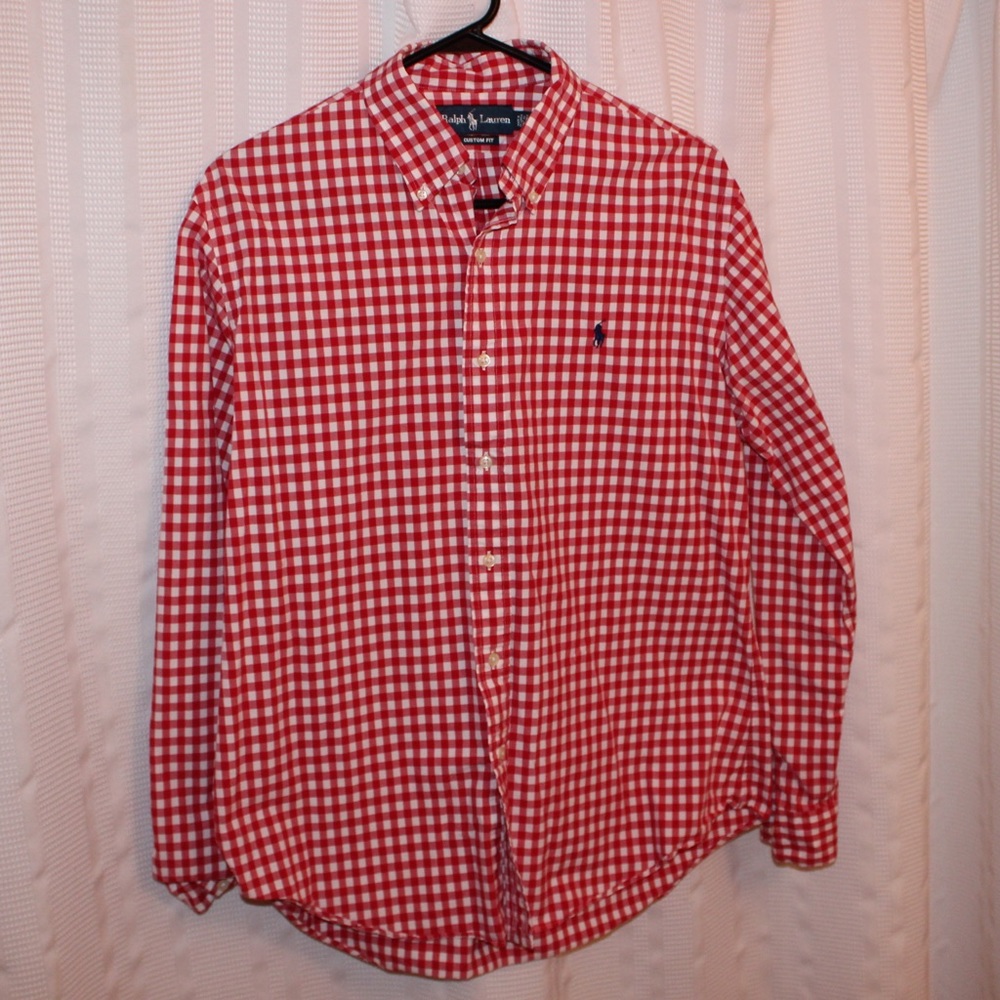 Red and White Checkered Polo Button Up Long Sleeve